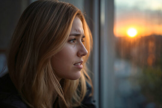 Young woman gazes out window at sunset. Her face shows quiet contemplation or worry. Soft golden light bathes her hair and profile. Urban skyline blurs softly behind glass