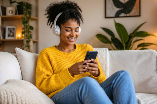 Portrait of young black teenage woman smiles while wearing headphones. She holds a phone, enjoying music. Cozy living room with soft lighting. Potted plants and framed art decorate the space