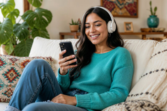Happy young Mexican woman in a turquoise sweater sits on white couch wearing wireless headphones. Looks at smartphone screen relaxing at home