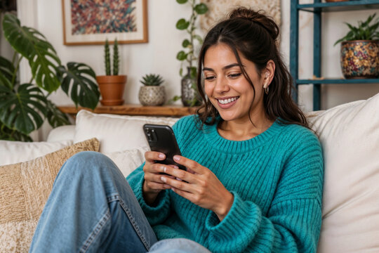 Girl uses mobile app in cozy living room