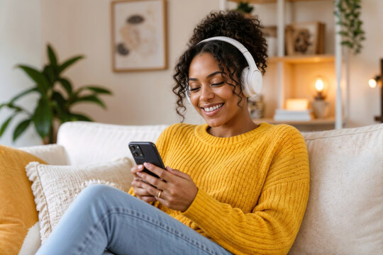 Afro beautiful woman smiles while listening to music on her phone. She wears cozy yellow sweater and white headphones. Relaxed mood suggests leisure