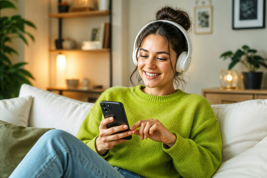 Young woman relaxes on sofa with headphones on. She smiles while scrolling her phone. Cozy living room features soft lighting and plants. Scene evokes calm, leisure, and digital connection