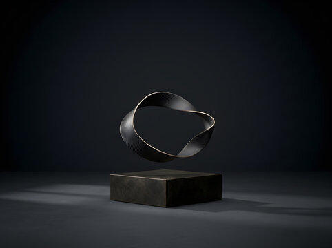 Illustration of A sleek dark abstract carbon fiber mobius strip sculpture hovering above a minimal pedestal.