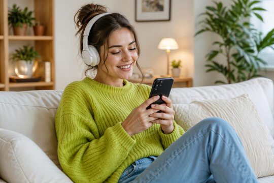 Young teenage woman smiles while using phone with headphones on. She relaxes on a cozy sofa in a warm, sunlit living room