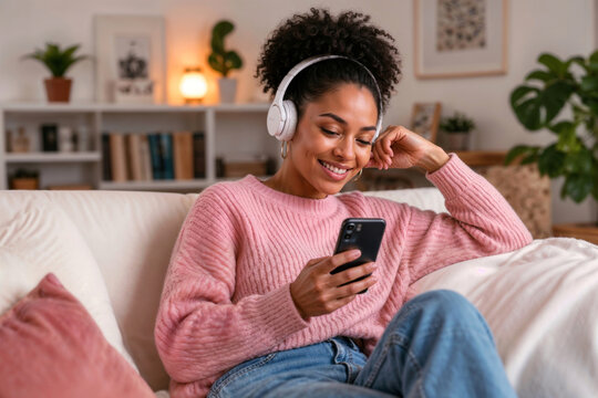 Black woman smiles, listening to music on smartphone. Headphones rest softly on her ears. Cozy living room with plants and soft lighting. Comfortable couch, warm tones, relaxed vibe