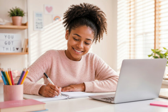 Portrait of happy young Afro girl in a in white sweater sits at white desk writing in notebook with pen