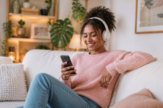 Young teenage black woman smiles while using phone with headphones on. She relaxes on a cozy sofa in a warm, sunlit living room