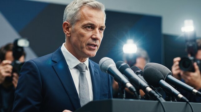 Mature male politician speaking at podium during media press conference. Official spokesperson addressing journalists and reporters