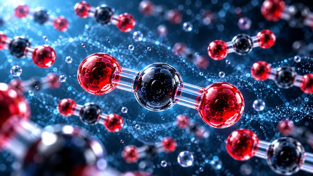 3D rendering of a carbon dioxide (CO2) molecule with a central carbon atom and two oxygen atoms against a blue scientific background, illustrating molecular chemistry and environmental science.