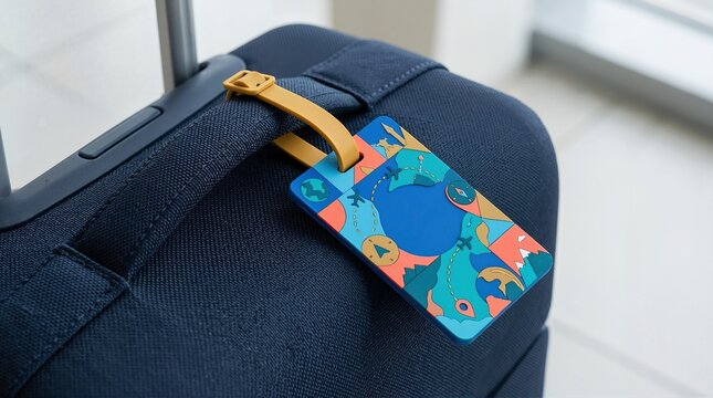 Colorful silicone travel luggage tag on dark suitcase handle. Baggage identification accessory for flight and airport transit