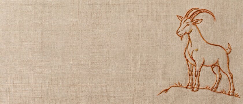 Embroidered goat on textured linen canvas banner with copy space. Handcrafted needlework outline of horned ram
