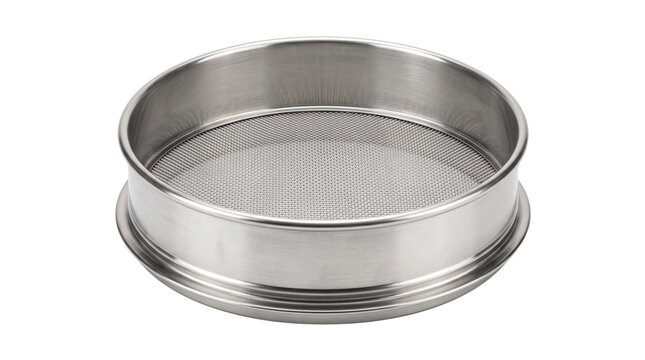 Stainless steel flour sifter fine mesh sieve, round metal culinary strainer for baking, kitchen flour sifter isolated on white background