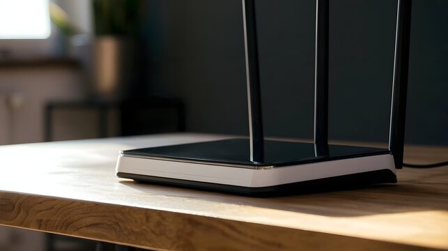 A modern wireless router with external antennas sits on a wooden desk  bathed in natural sunlight from a nearby window
