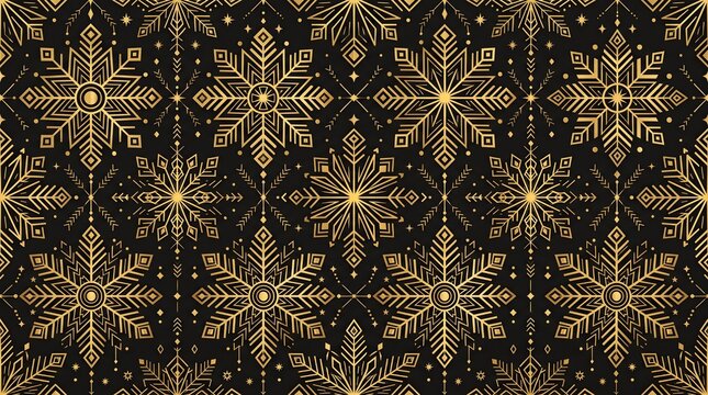 Art deco seamless gold geometric snowflake pattern on black background