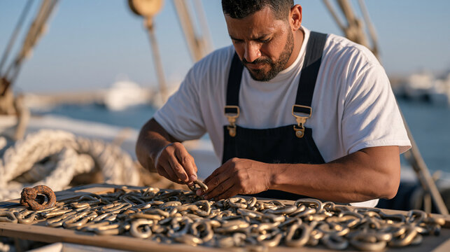 A nautical rigger counting shackles and cleats by hand on a golden afternoon dock, sweat catching the warm light on his brow, the inventory spread across a wooden surface in
