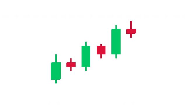 A very clean, simple 3D candlestick chart on a pure white background with highly vibrant, bright red and green colors. Features 6 candlesticks that animate by appearing one by one in a loop.