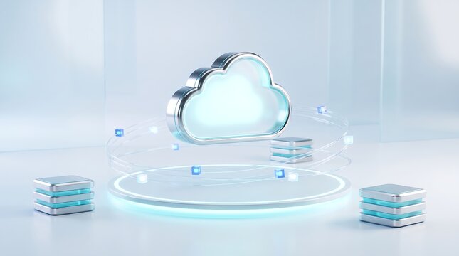 Futuristic cloud computing concept with floating data servers and glowing connectivity rings in a professional business environment designed for modern digital infrastructure solutions