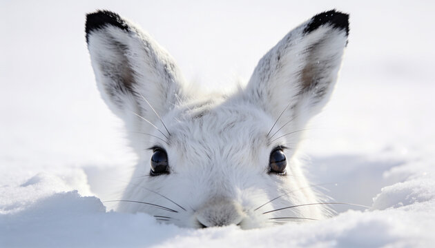Extreme close-up portrait of a cute white arctic hare peeking out from a snow burrow in winter
