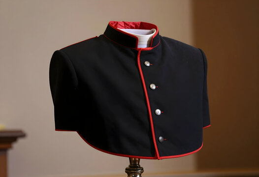 Clergy vestment and religious attire, black cassock with red piping worn by a priest or deacon for liturgical service and church ceremony