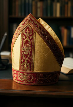 Catholic bishop mitre, religious authority and ecclesiastical tradition, ornate gold and red liturgical headwear on a wooden desk in a library