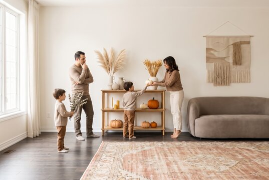 Family styling the shelf with autumn decorations