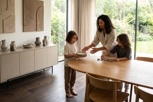 Children helping a parent set the dining table