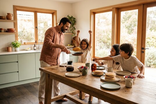 Family enjoying a weekend brunch in a sunny kitchen