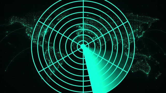 HUD global radar display featuring concentric target rings, a rotating sector sweep beam, a dotted digital world map, and interconnected telemetry network arcs set against a black background. 