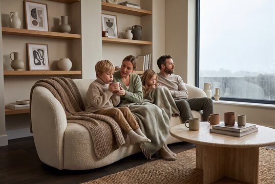 Family having warm drinks on a rainy day indoors