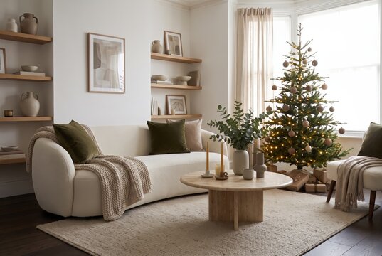 Cozy christmas decorated living room interior