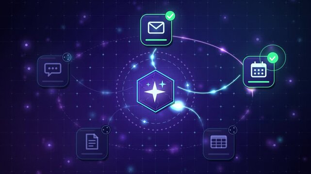 AI agent automating a workflow, glowing data packets flowing between app nodes with checkmarks, 4K animation