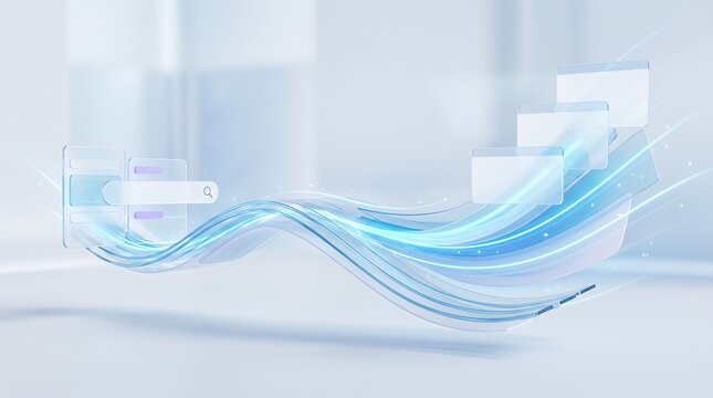 Transparent glass search interface floating on glowing blue light waves representing efficient data retrieval and digital information search tools for modern business workflow