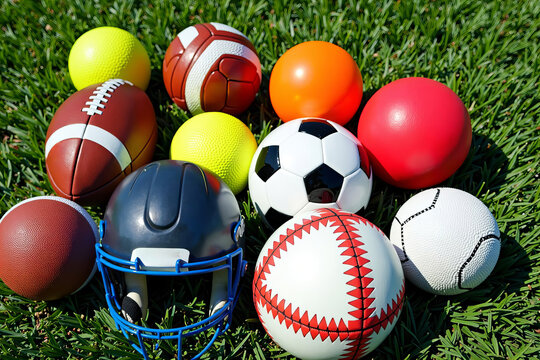 Colorful Sports Equipment Arranged Tidily on Green Grass, Showcasing Diversity.