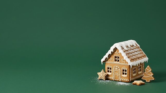 Gingerbread house with snow on a dark green background christmas holiday treats sweet food structure effect winter photography season deco