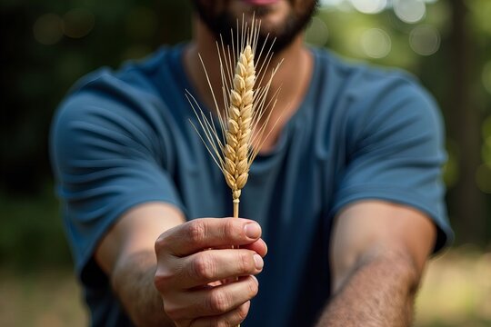 A Captivating Image of a Man Holding a Sheaf of Wheat, Emblematic of the Challenges Faced by Individuals with Celiac Disease and Gluten Sensitivities.