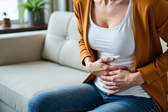 Close-up image of a woman experiencing abdominal discomfort while sitting on a sofa.