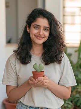 Smiling Young Woman Holding Small Heart Shaped Cactus in Pot Indoors