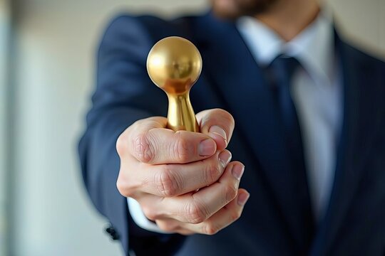 Photo idea: Capturing teamwork and support in the business world through a close-up shot of a hand passing a golden relay baton to a businessman.