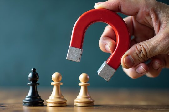 Capturing the Power of Magnetism: Close-Up of Hand Holding Red Horseshoe Magnet Attracting Pawn Figures for Customer Acquisition in Business