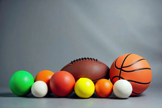 Assortment of sports balls and equipment displayed against a gray backdrop.