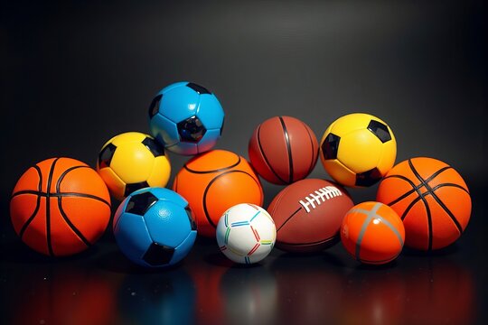 Colorful Array of Sports Equipment Against a Stylish Black Backdrop