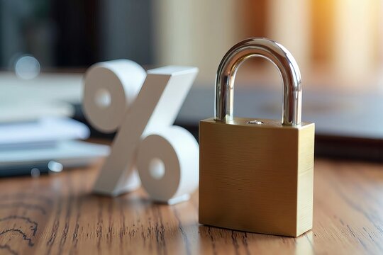 Secure Percentage Sign: Close-Up Shot of Keypad Locked Symbol on Wood Desk