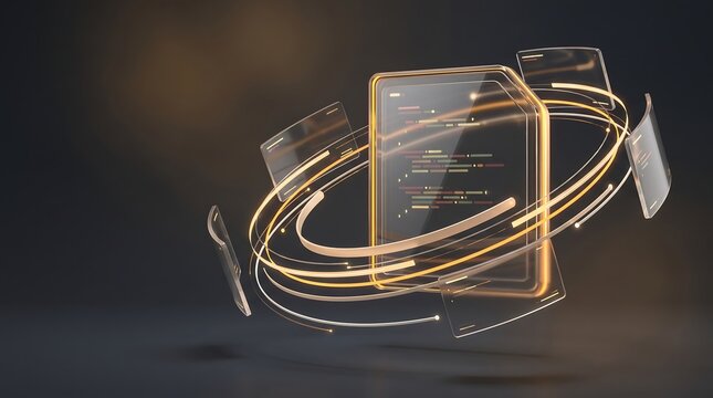 Digital code tablet surrounded by floating transparent glass screens and glowing light rings representing software development and futuristic business data 3D render