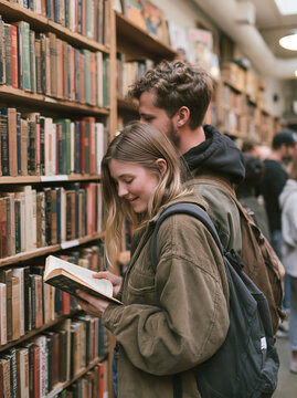 Young Couple Choosing and Reading Books Together in Old Vintage Bookstore or Library