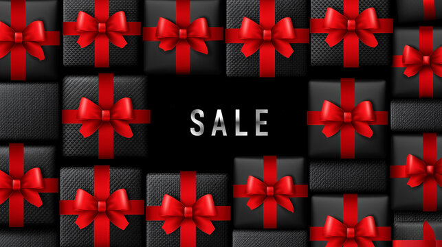 Black Friday Super Sale. Realistic black gifts boxes.  Horizontal banner, poster, header website, vector illustration
