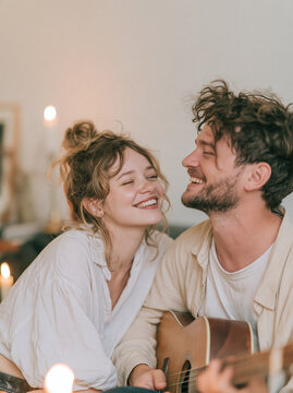 Happy Young Couple Sharing a Tender Moment at Home with Candlelight and Acoustic Guitar