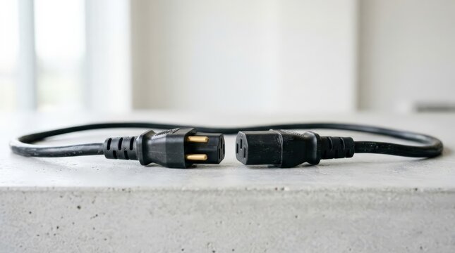 A close up view of an unplugged power cord with male and female connectors lying on a light grey concrete surface in a bright minimalist room, underscoring the socket