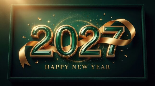 Elegant 2027 happy new year greeting card with 3d metallic green numbers and golden ribbon on a dark green background with festive sparkles and luxury celebration design