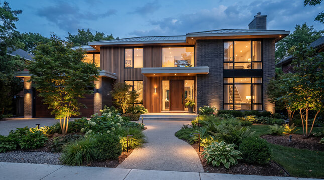 Modern luxury brick residence with illuminated landscaping at twilight