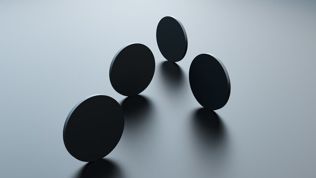 Delicate, round geometric elements on a metallic surface with reflections and shadows; minimalism. A minimalist, abstract concept featuring rounded details and circular shapes; wallpaper. 3D render
